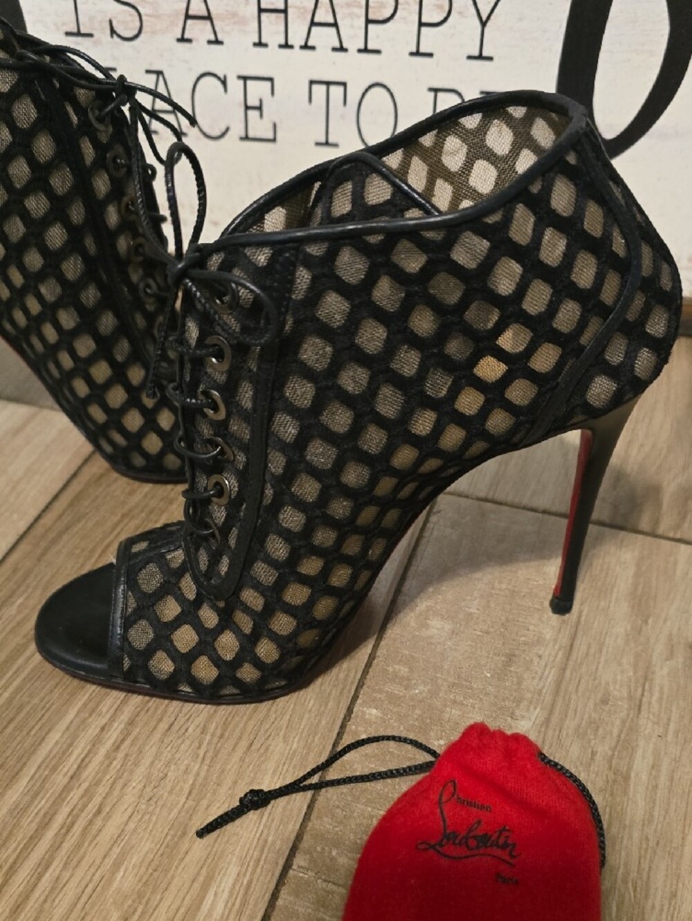 Christian Louboutin Black Mesh Lace-Up Peep-Toe 100 Heels Size (37-1/2) - Picture 4 of 15